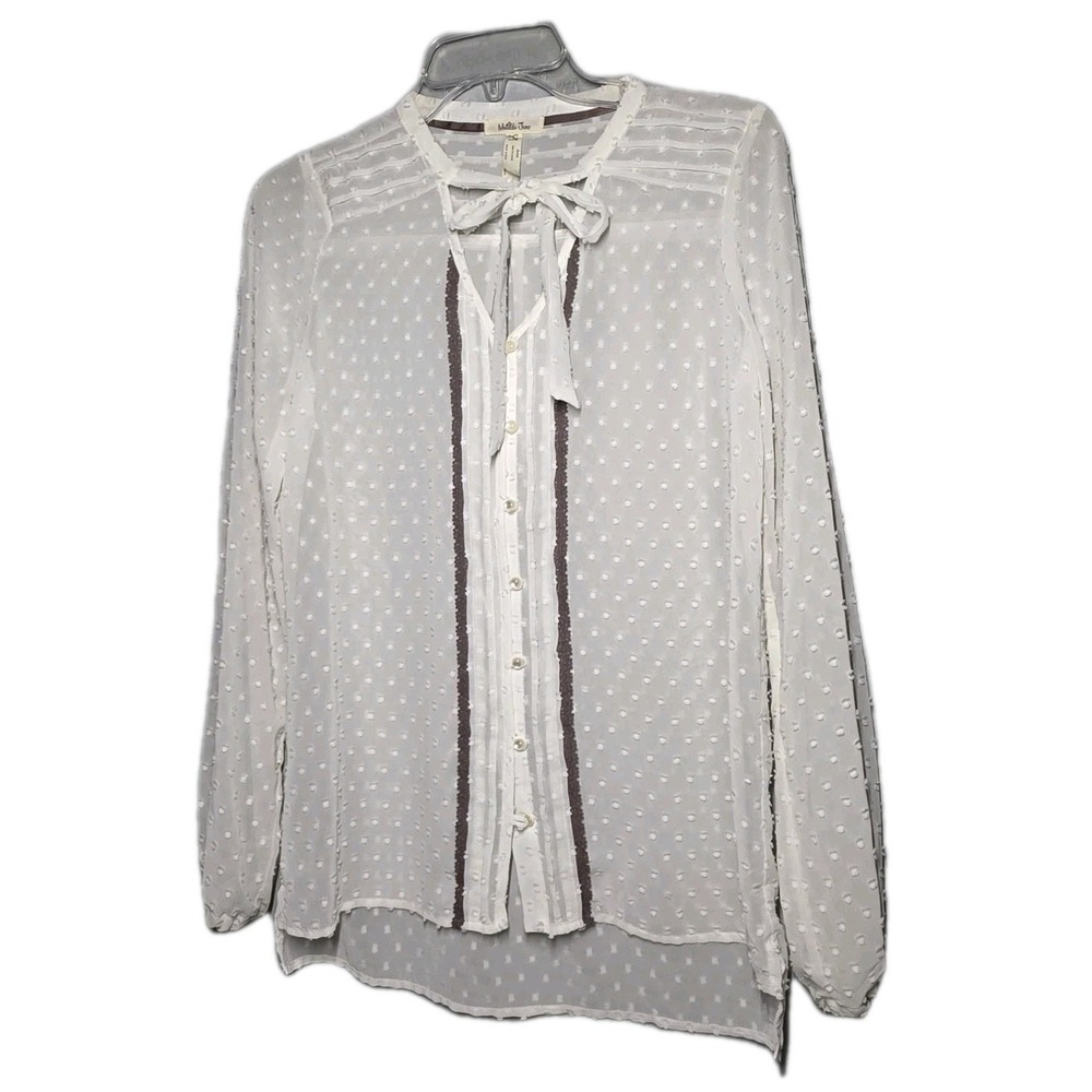 Matilda Jane White Renae Top Semi-Sheer Swiss Dot Textured Tie Neck Button-Up SM